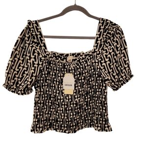 Monteau Los Angeles, NWT, Linen Blend Crop Top, Puff Sleeves, Women's sz XL, Squ